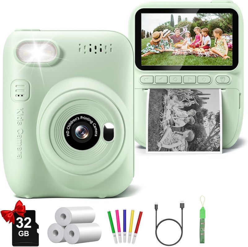 Gofunly Kids Camera Instant Print, 3.0" HD 32MP 1080P Toddler Digital Camera with 3 Rolls of Printer Paper, Birthday Gifts Toy for 3-12 Year Old Girls Boys with 32GB SD Card-Green - Image 1